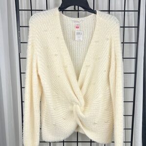 NWT No Boundaries Cream V-Neck Sweater with Pearl Accents